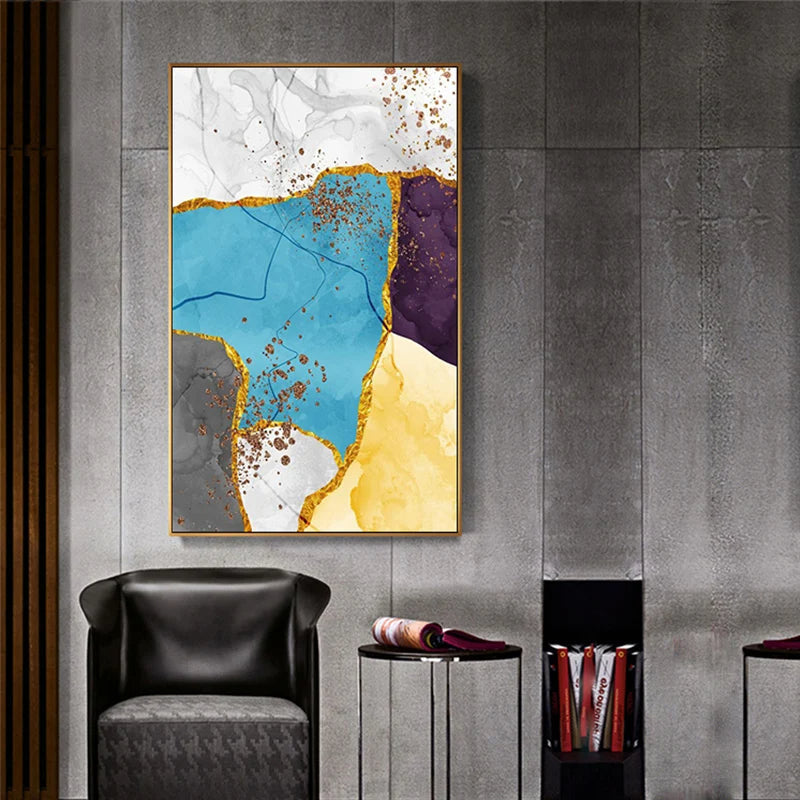 Abstract Blue Yellow Gray Marble Print Wall Art Fine Art Canvas Prints Pictures For Modern Apartment Living Room Home Office Art Decor | Bowlift