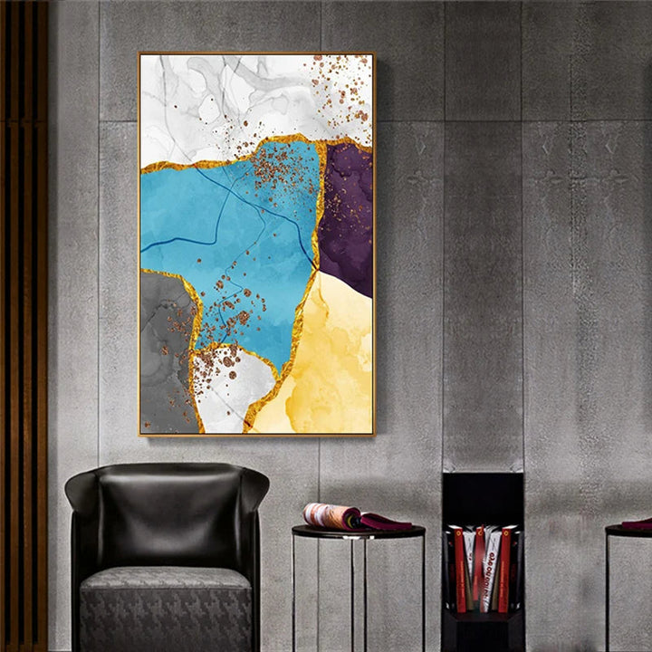 Abstract Blue Yellow Gray Marble Print Wall Art Fine Art Canvas Prints Pictures For Modern Apartment Living Room Home Office Art Decor | Bowlift