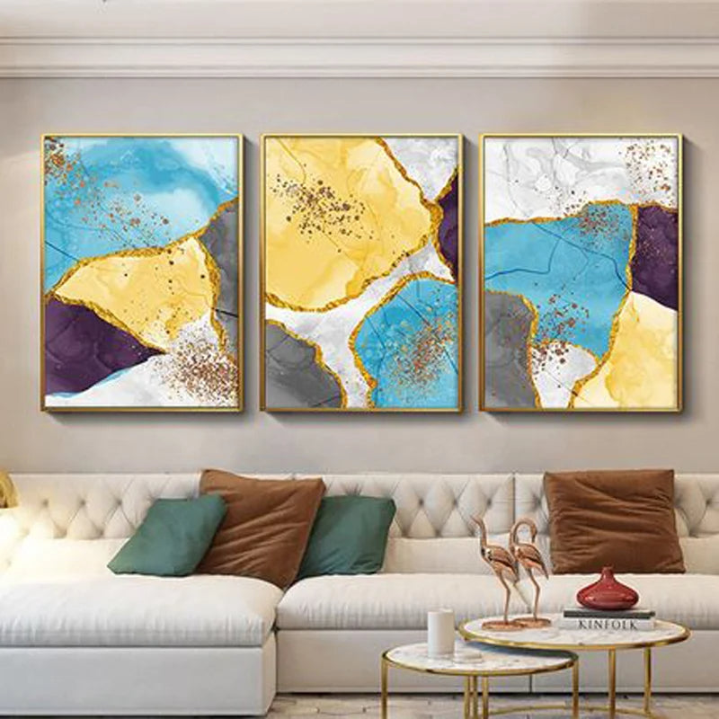 Abstract Blue Yellow Gray Marble Print Wall Art Fine Art Canvas Prints Pictures For Modern Apartment Living Room Home Office Art Decor | Bowlift