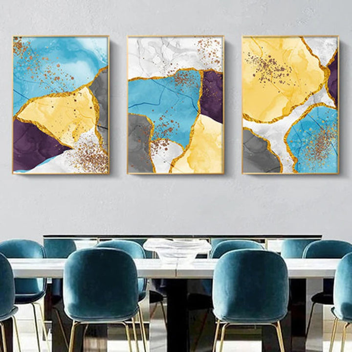Abstract Blue Yellow Gray Marble Print Wall Art Fine Art Canvas Prints Pictures For Modern Apartment Living Room Home Office Art Decor | Bowlift