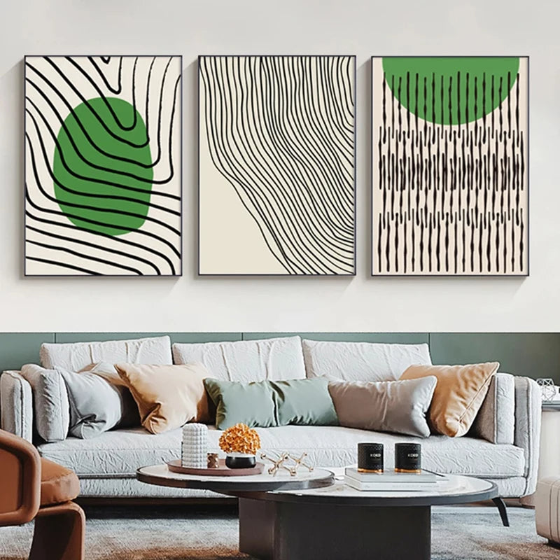 Abstract Green Geometric Line Art Wall Art Fine Art Canvas Prints Pictures For Modern Apartment Living Room Home Office Art Decor | Bowlift
