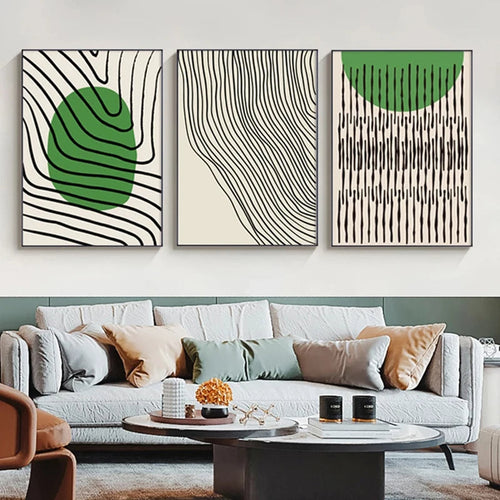 Abstract Green Geometric Line Art Wall Art Fine Art Canvas Prints Pictures For Modern Apartment Living Room Home Office Art Decor | Bowlift