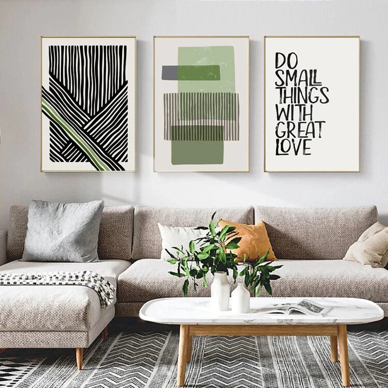 Abstract Green Geometric Line Art Wall Art Fine Art Canvas Prints Pictures For Modern Apartment Living Room Home Office Art Decor | Bowlift