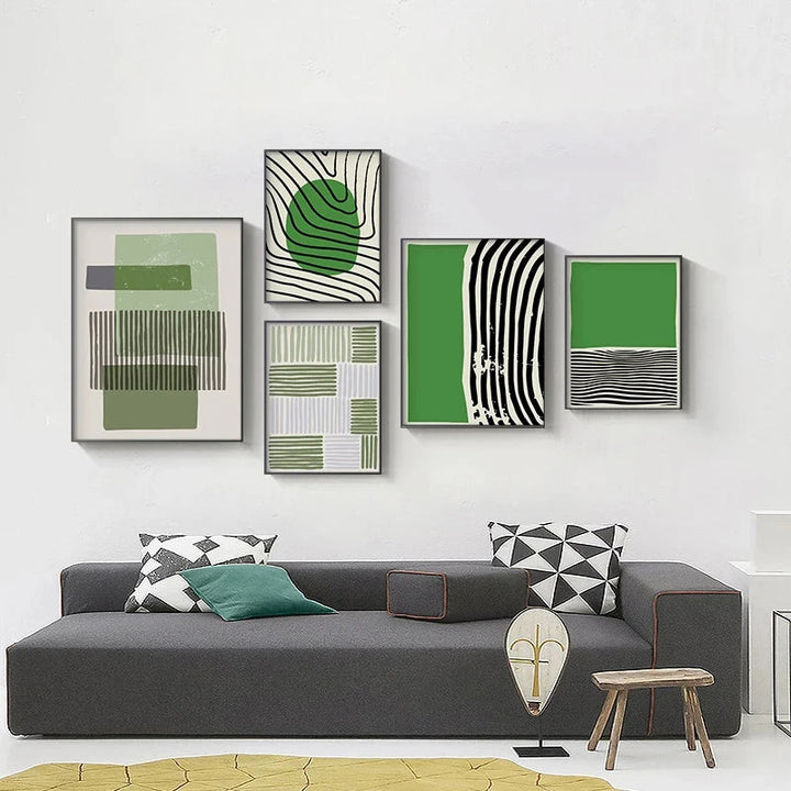 Abstract Green Geometric Line Art Wall Art Fine Art Canvas Prints Pictures For Modern Apartment Living Room Home Office Art Decor | Bowlift