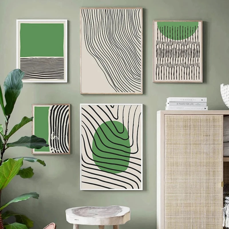 Abstract Green Geometric Line Art Wall Art Fine Art Canvas Prints Pictures For Modern Apartment Living Room Home Office Art Decor | Bowlift