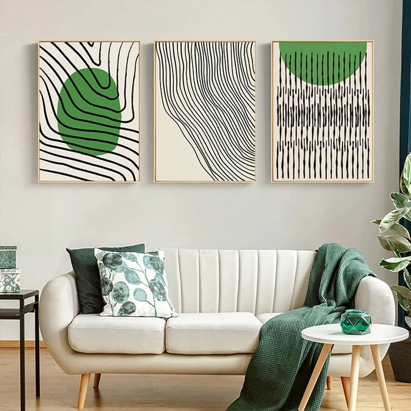 Abstract Green Geometric Line Art Wall Art Fine Art Canvas Prints Pictures For Modern Apartment Living Room Home Office Art Decor | Bowlift