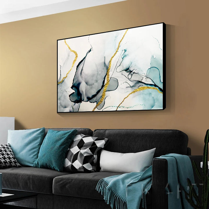 Jade Green Grey Golden Marble Print Abstract Wall Art Fine Art Canvas Prints Pictures For Modern Living Room Home Office Art Decor | Bowlift
