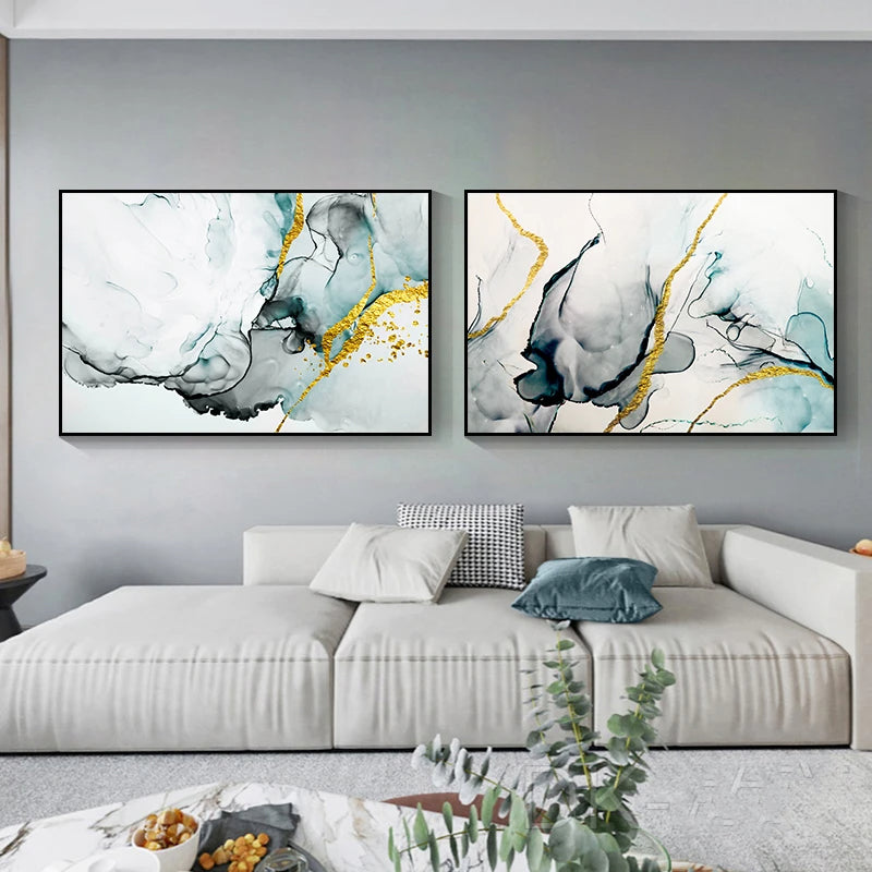 Jade Green Grey Golden Marble Print Abstract Wall Art Fine Art Canvas Prints Pictures For Modern Living Room Home Office Art Decor | Bowlift