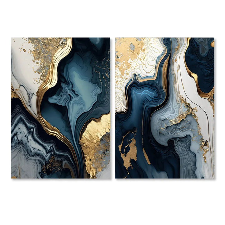 Deep Oceanic Blue Golden Marble Print Wall Art Fine Art Canvas Prints Posters Pictures For Living Room Dining Room Light Luxury Home Decor | Bowlift