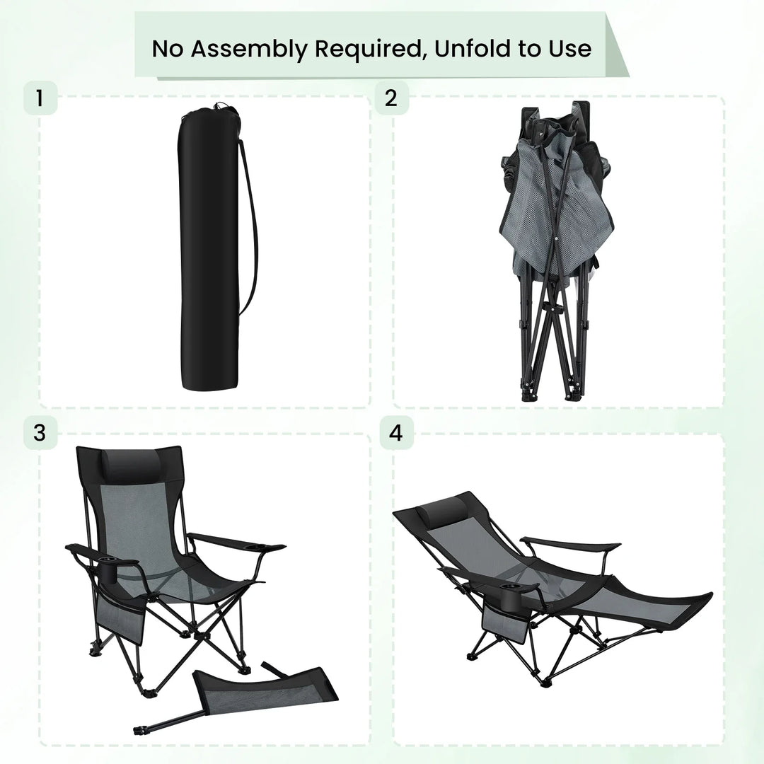 BowLift | CAMPURE Relax Lounge Chair | Adjustable & Foldable | With Footrest | Ultra-Light & Portable – Black/Grey