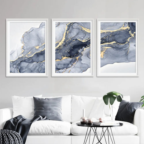 Shades of Blue Abstract Liquid Marble Wall Art Fine Art Canvas Print With Golden Accents Pictures For Living Room Contemporary Bedroom Art Decor | Bowlift