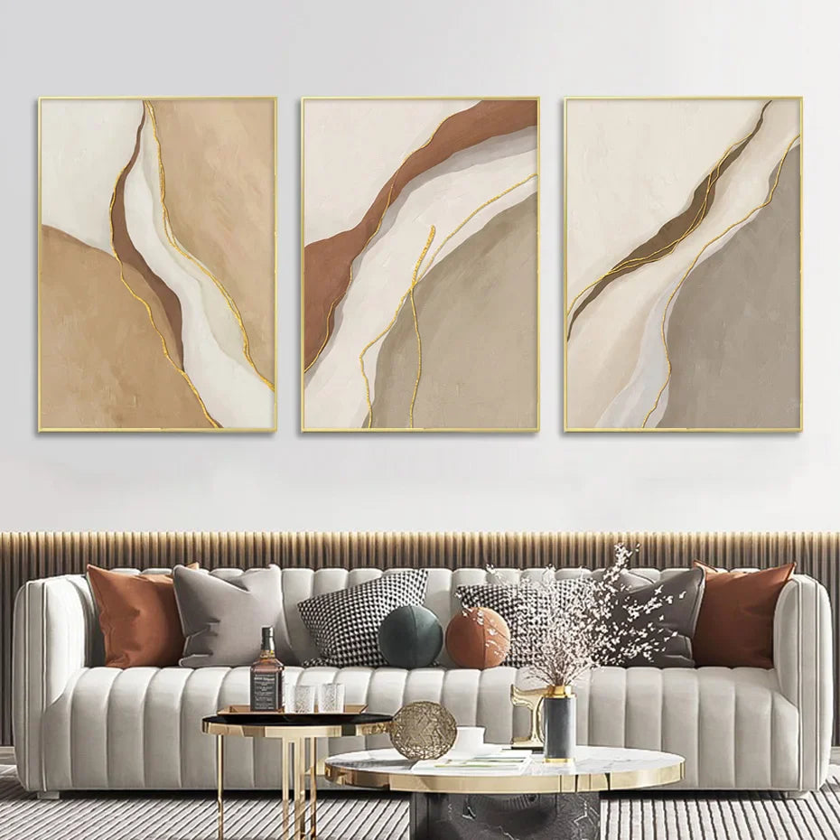 Modern Geomorphic Abstract Wall Art Fine Art Gray Beige Brown Canvas Prints Pictures For Living Room Contemporary Home Interior Decor | Bowlift