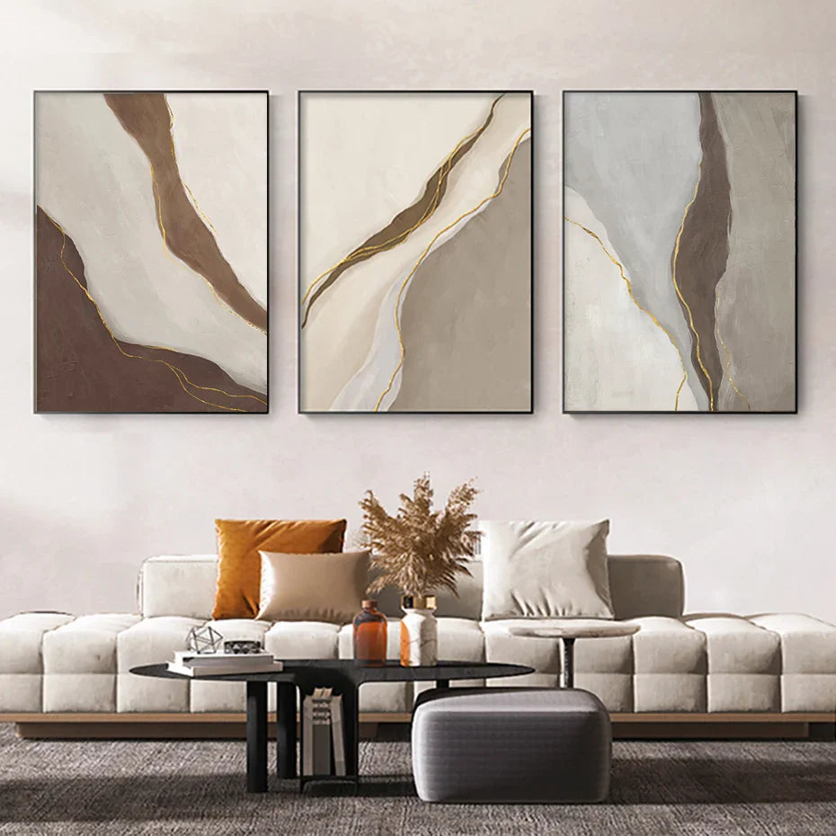 Modern Geomorphic Abstract Wall Art Fine Art Gray Beige Brown Canvas Prints Pictures For Living Room Contemporary Home Interior Decor | Bowlift