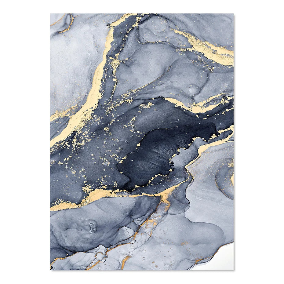 Shades of Blue Abstract Liquid Marble Wall Art Fine Art Canvas Print With Golden Accents Pictures For Living Room Contemporary Bedroom Art Decor | Bowlift