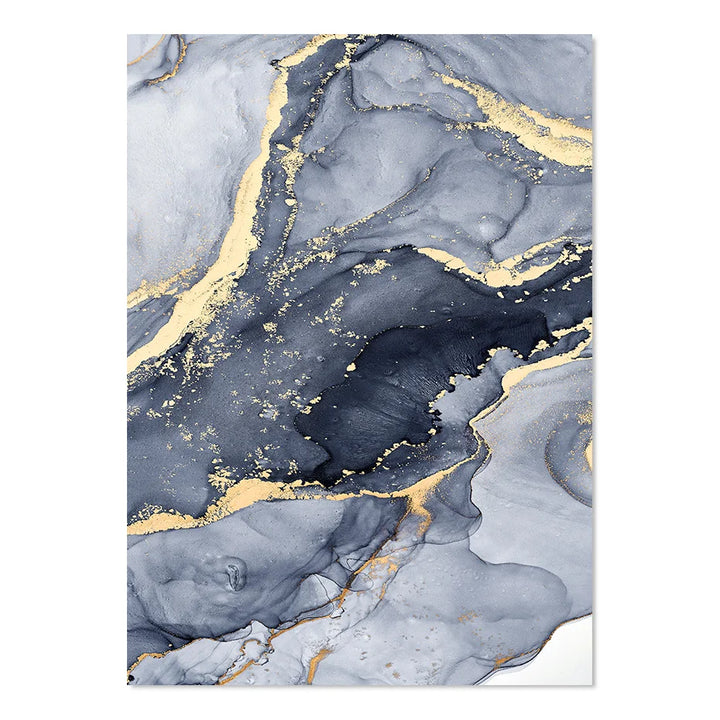 Shades of Blue Abstract Liquid Marble Wall Art Fine Art Canvas Print With Golden Accents Pictures For Living Room Contemporary Bedroom Art Decor | Bowlift