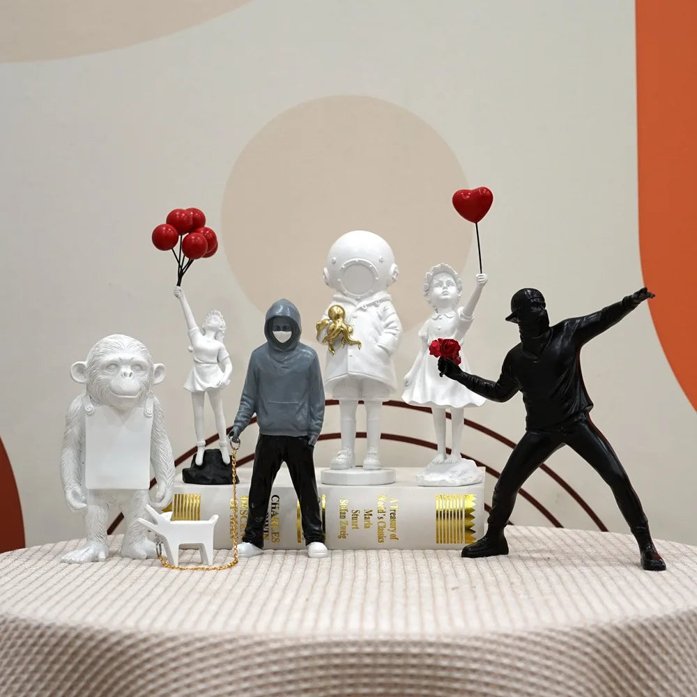 BowLift | Dropshipping Banksy Sculpture Collection Flower Thrower Statue Pop Art Modern Balloon Girl Figurine Office Home Decoration