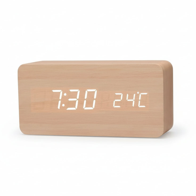LED Alarm Clock Wood Look with 3 Alarms & Temperature | Bowlift