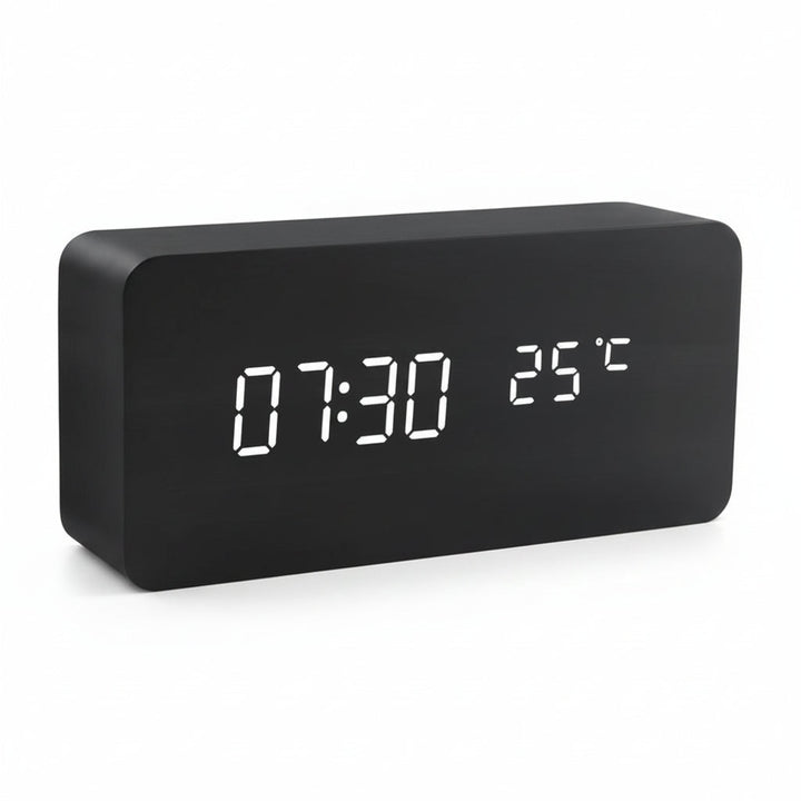 LED Alarm Clock Wood Look with 3 Alarms & Temperature | Bowlift