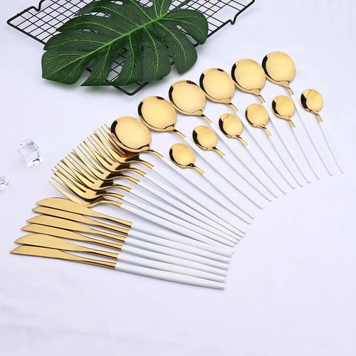 BowLift | Gold Stainless Steel Cutlery Set with White Handles