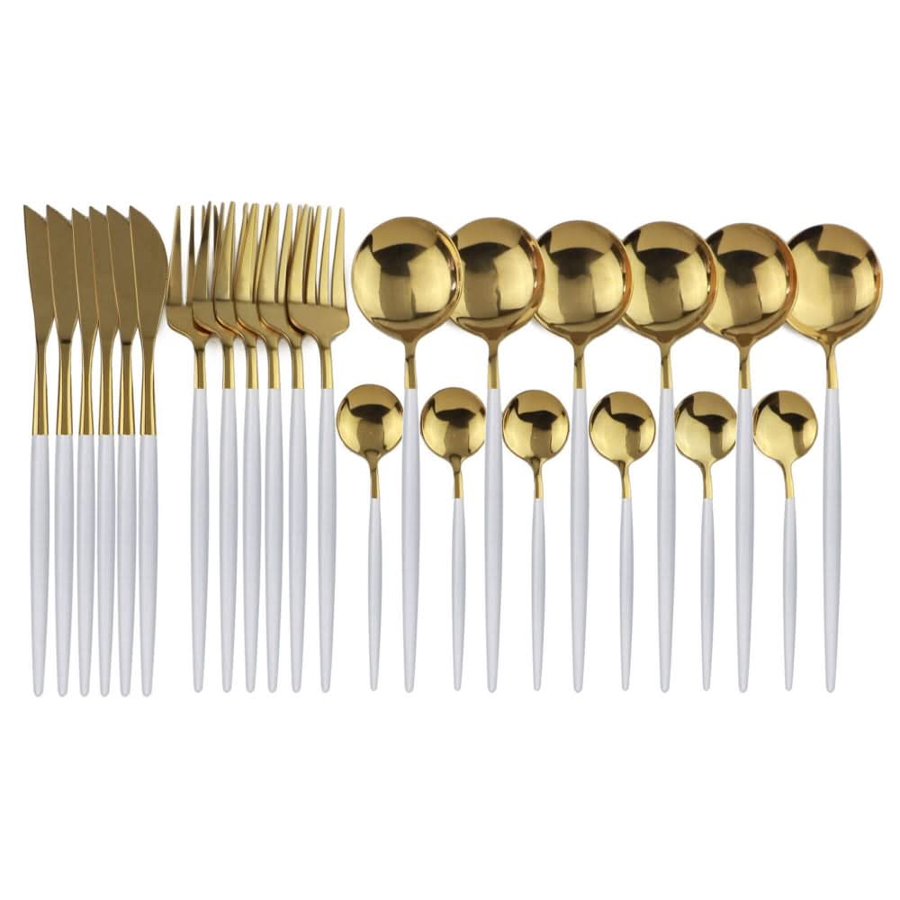 BowLift | Gold Stainless Steel Cutlery Set with White Handles
