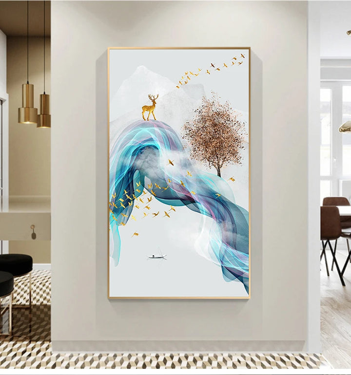 Auspicious Golden Deer Flowing Abstract Landscape Wall Art Fine Art Canvas Prints Inspirational Pictures For Living Room Dining Room Art Decor | Bowlift