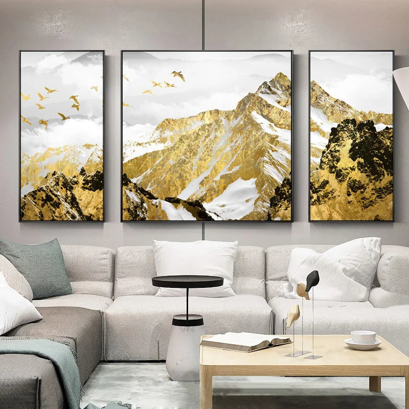 Auspicious Golden Mountain Triptych Landscape Wall Art Fine Art Canvas Prints Set of 3Pcs Pictures For Living Room Dining Room Light Luxury Home Decor | Bowlift