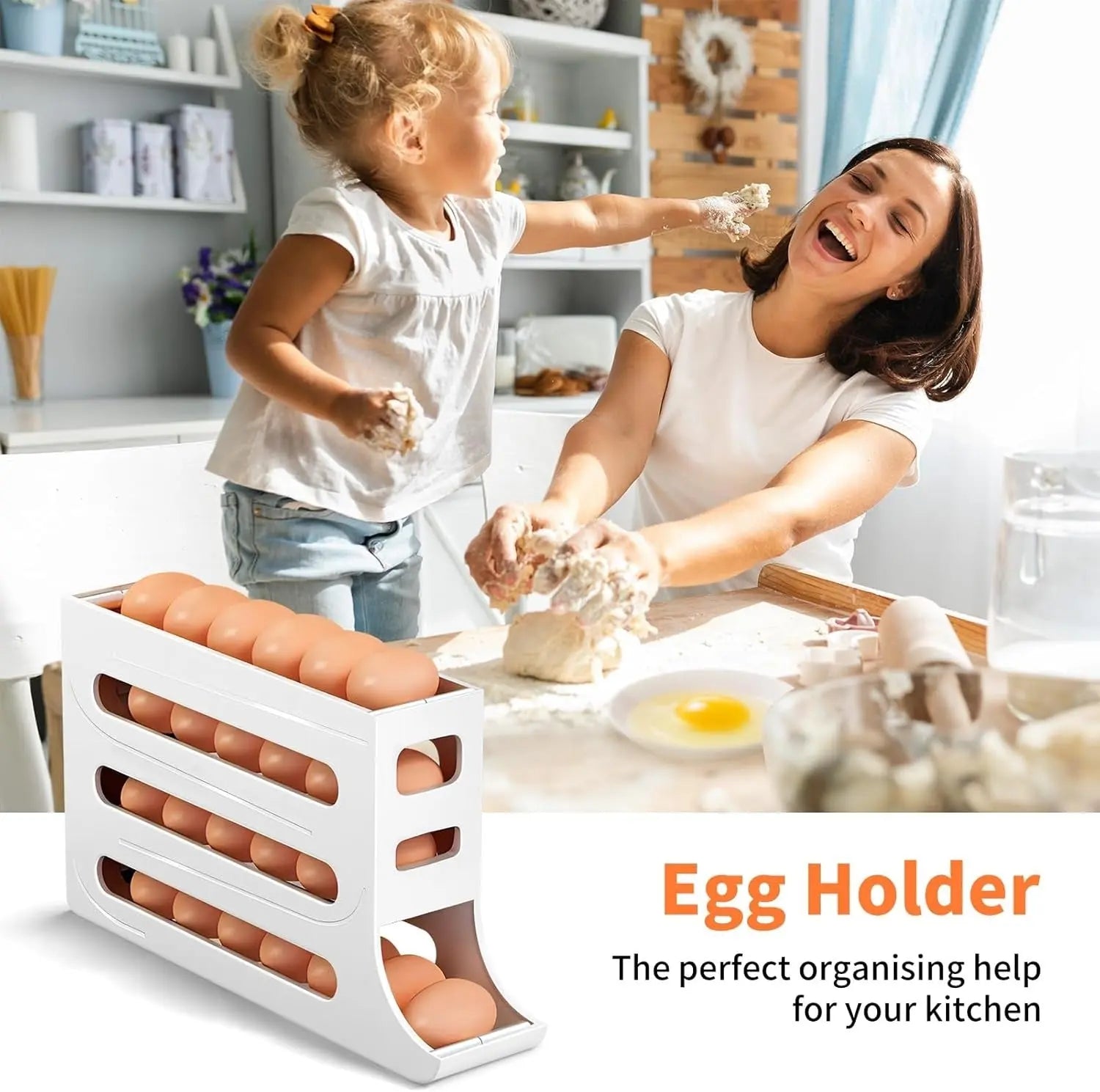 BowLift | Automatic Egg Holder with Rolling Function – 4-Tier Egg Organizer for Refrigerator & Kitchen