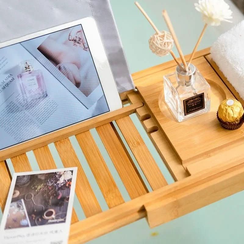 BowLift | Solavera Bamboo Relax Tray | Extendable Bathtub Tray | Sustainable & Elegant | With Glass & Book Holder for Spa Enjoyment at Home