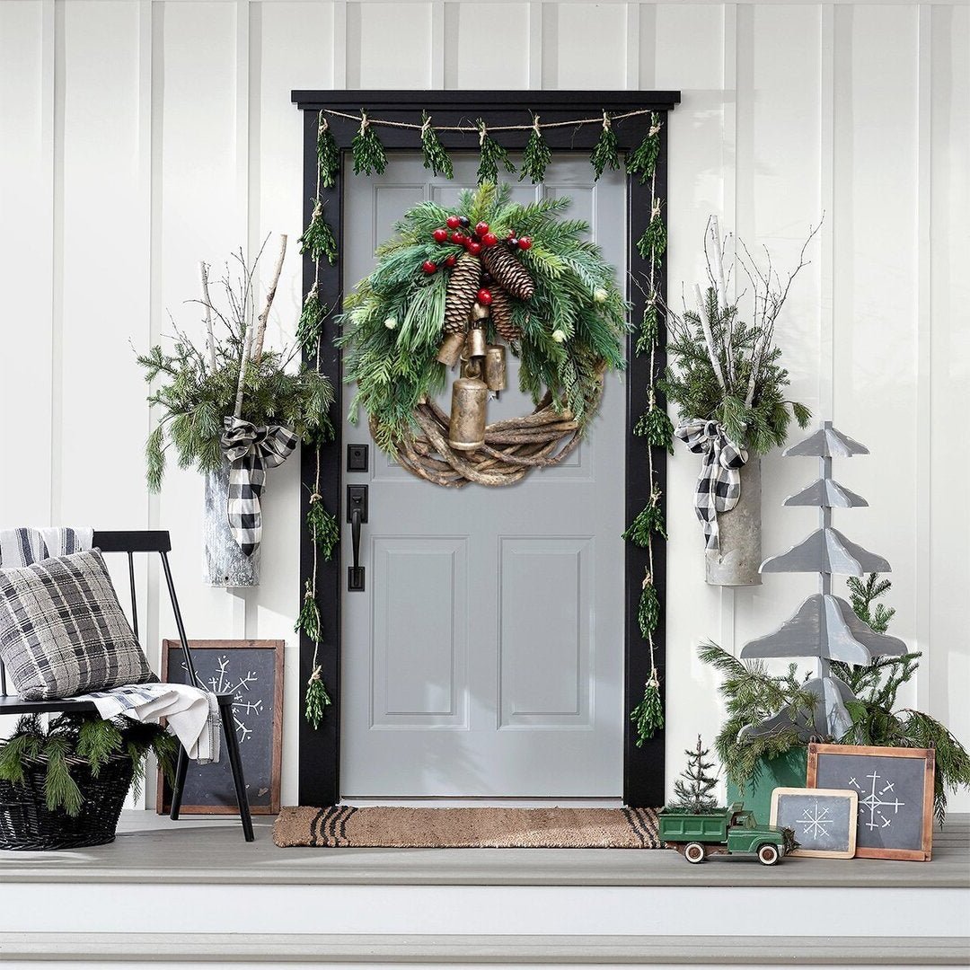 BowLift | Cozy Christmas wreath with natural bells and wooden accents