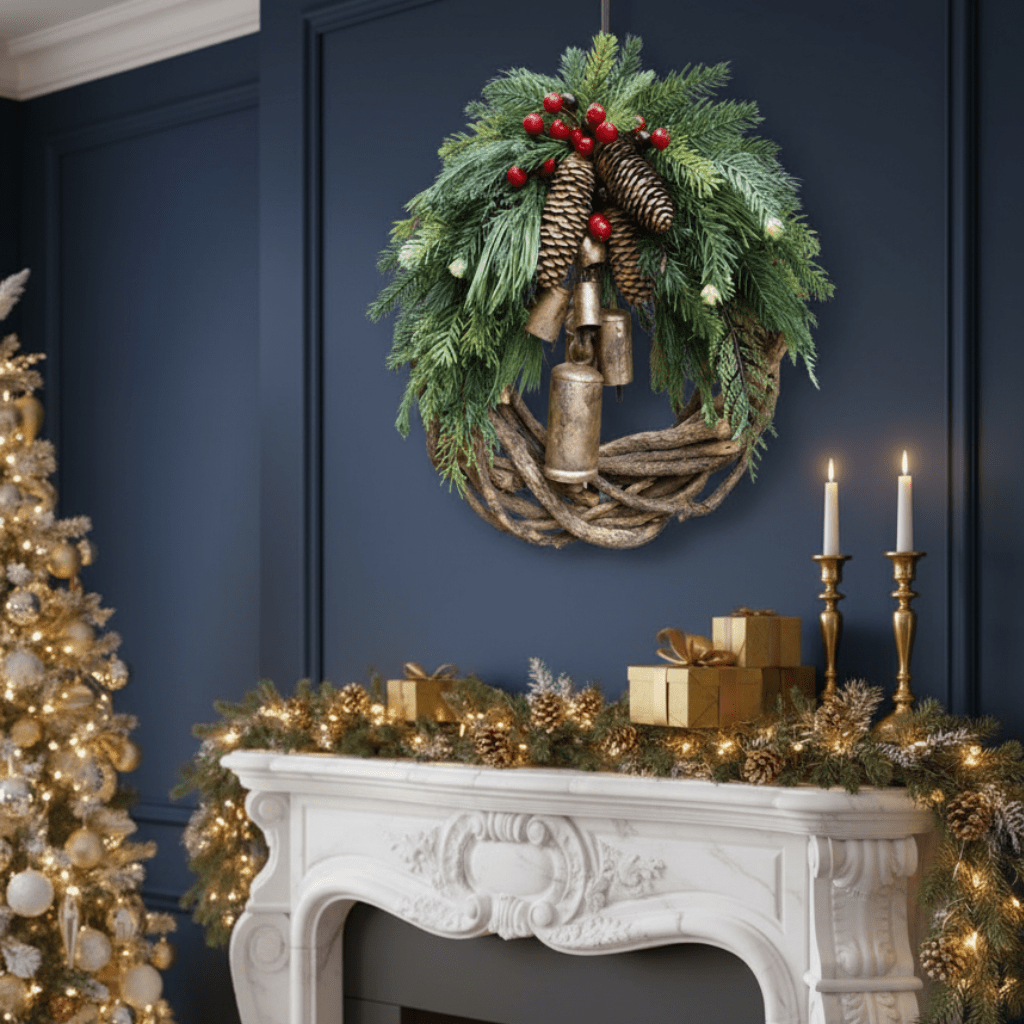 BowLift | Cozy Christmas wreath with natural bells and wooden accents