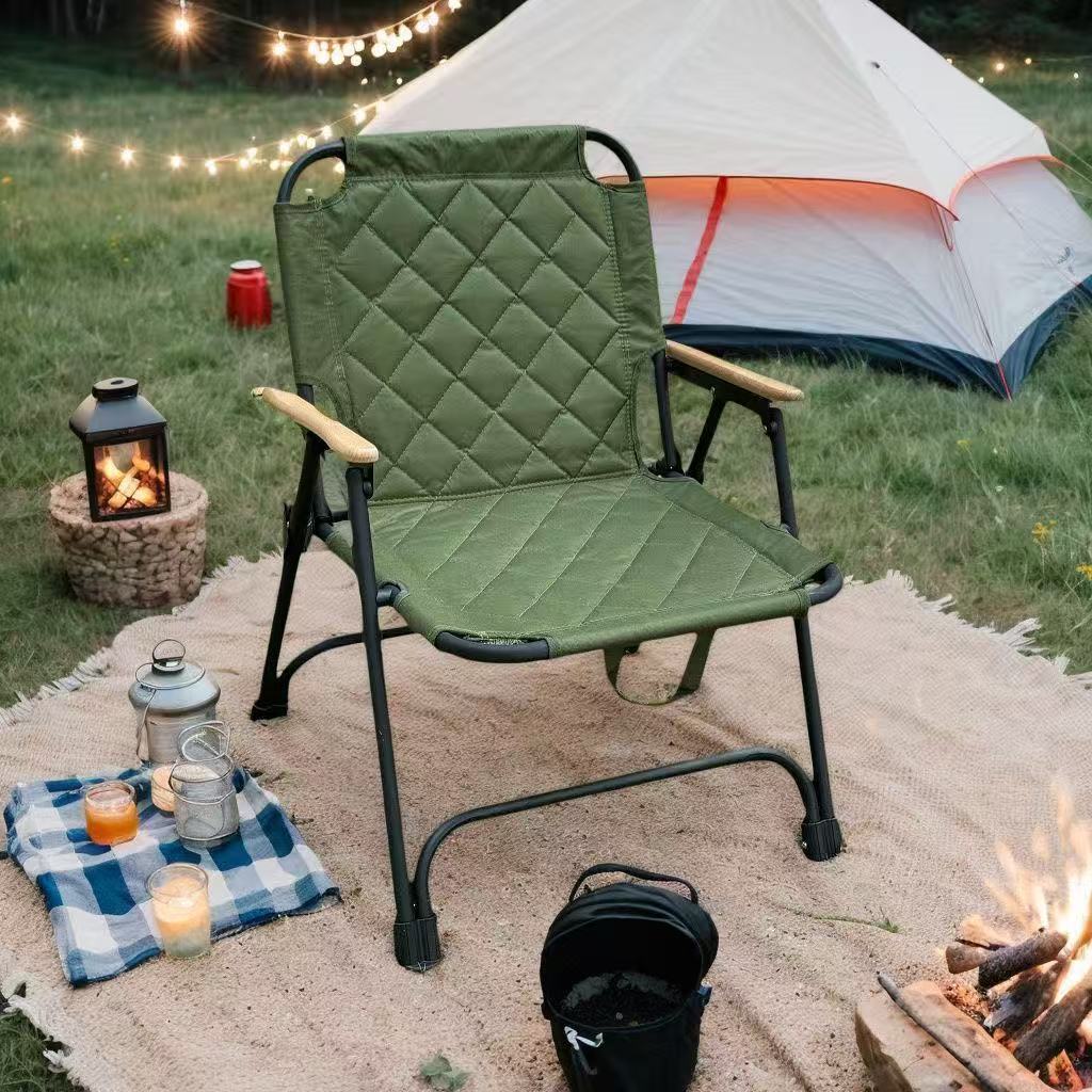 Modern Minimalist Rectangular Diamond-Pattern Carbon Steel Oxford Fabric Beech Wood Folding Camping Chair Backrest Armrest For Garden | Bowlift