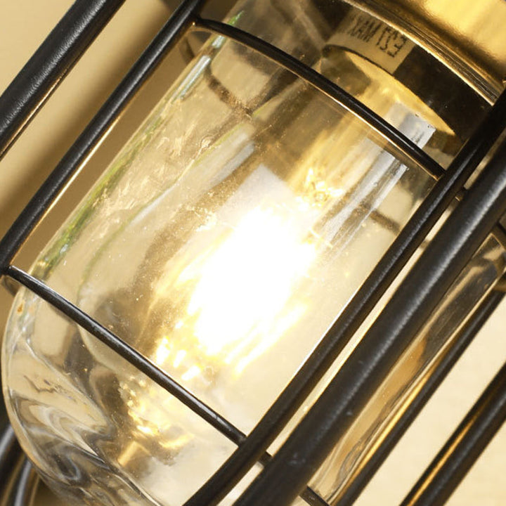 Contemporary Industrial Iron & Glass Caged Cylinder 1-Light Wall Sconce Lamp For Outdoor Patio | Bowlift