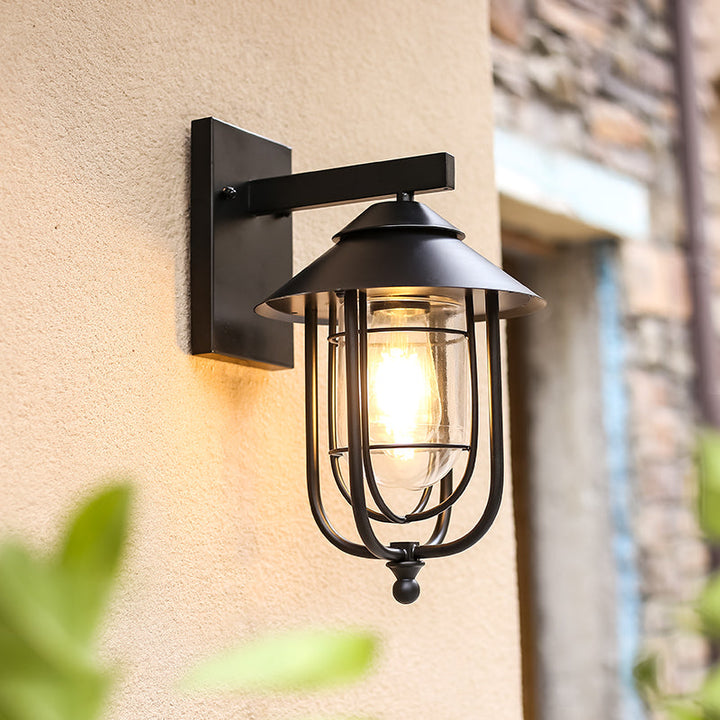 Contemporary Industrial Iron & Glass Caged Cylinder 1-Light Wall Sconce Lamp For Outdoor Patio | Bowlift