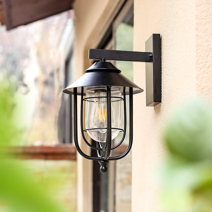 Contemporary Industrial Iron & Glass Caged Cylinder 1-Light Wall Sconce Lamp For Outdoor Patio | Bowlift