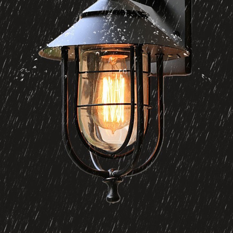 Contemporary Industrial Iron & Glass Caged Cylinder 1-Light Wall Sconce Lamp For Outdoor Patio | Bowlift