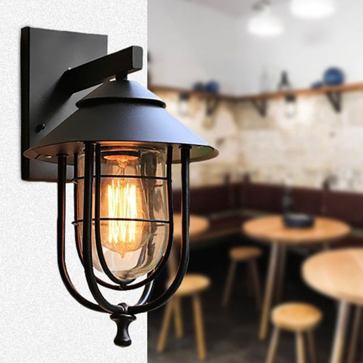 Contemporary Industrial Iron & Glass Caged Cylinder 1-Light Wall Sconce Lamp For Outdoor Patio | Bowlift