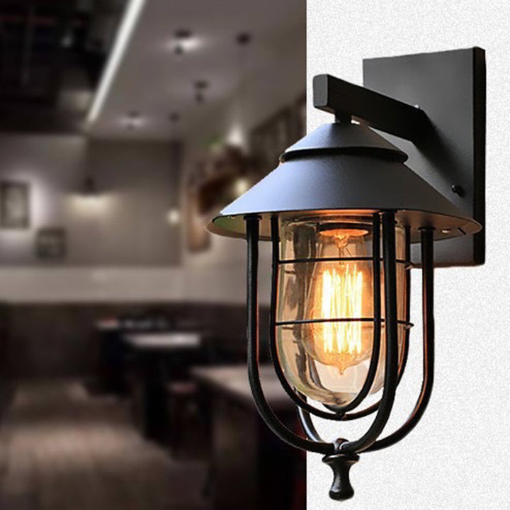 Contemporary Industrial Iron & Glass Caged Cylinder 1-Light Wall Sconce Lamp For Outdoor Patio | Bowlift