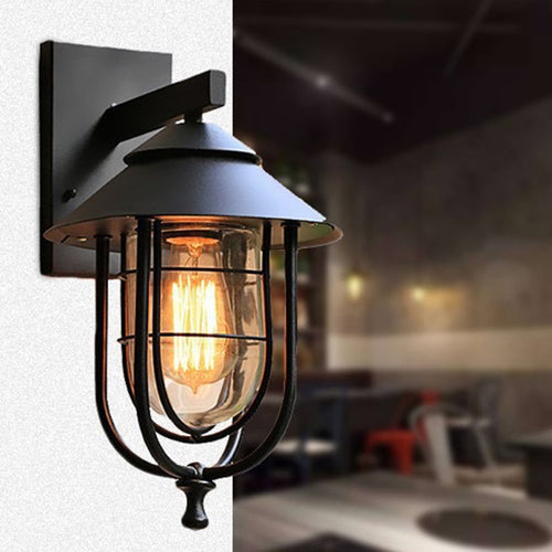 Contemporary Industrial Iron & Glass Caged Cylinder 1-Light Wall Sconce Lamp For Outdoor Patio | Bowlift