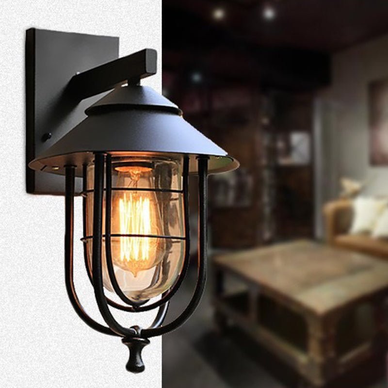 Contemporary Industrial Iron & Glass Caged Cylinder 1-Light Wall Sconce Lamp For Outdoor Patio | Bowlift