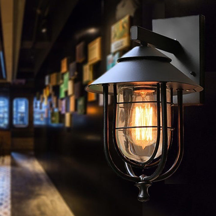 Contemporary Industrial Iron & Glass Caged Cylinder 1-Light Wall Sconce Lamp For Outdoor Patio | Bowlift