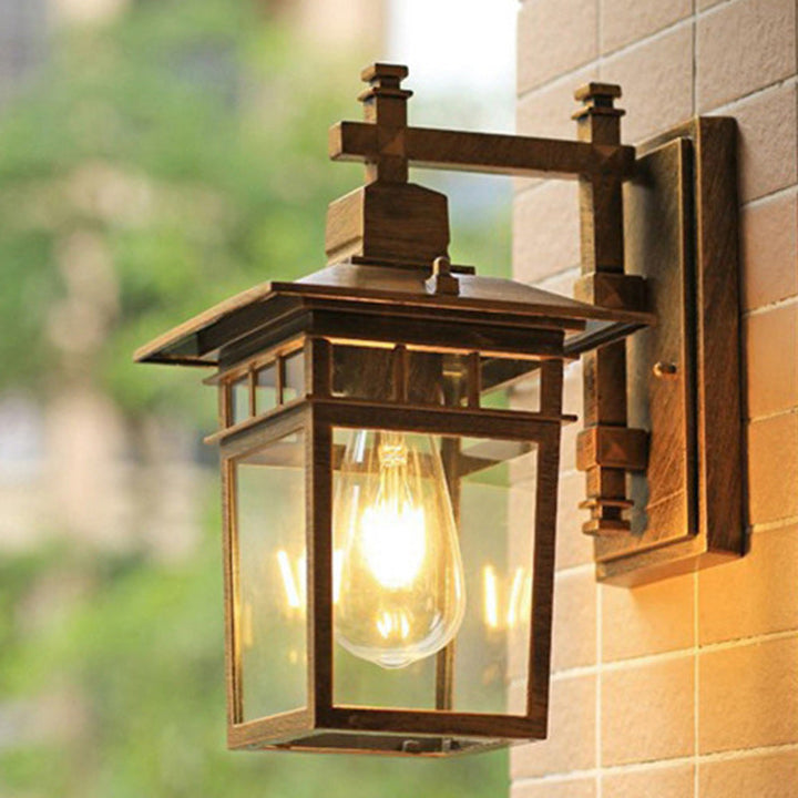 Traditional Rustic Cast Aluminum, Iron & Glass Rectangular 1-Light Wall Sconce Lamp For Outdoor Garden & Patio | Bowlift
