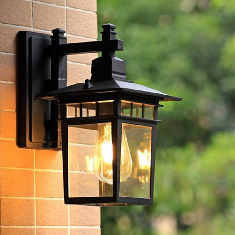 Traditional Rustic Cast Aluminum, Iron & Glass Rectangular 1-Light Wall Sconce Lamp For Outdoor Garden & Patio | Bowlift