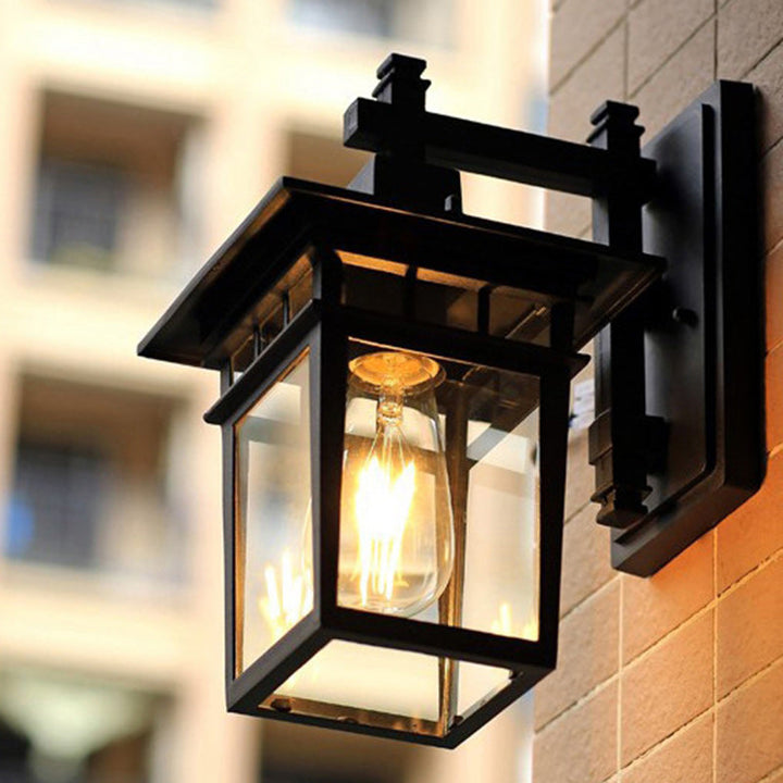 Traditional Rustic Cast Aluminum, Iron & Glass Rectangular 1-Light Wall Sconce Lamp For Outdoor Garden & Patio | Bowlift