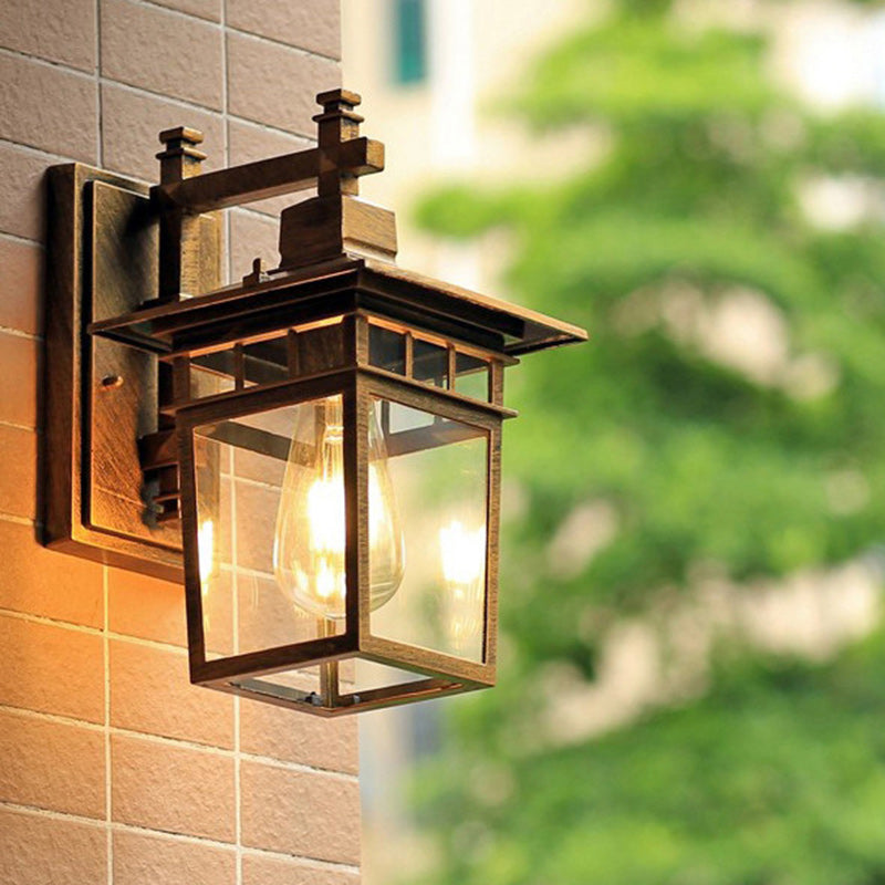 Traditional Rustic Cast Aluminum, Iron & Glass Rectangular 1-Light Wall Sconce Lamp For Outdoor Garden & Patio | Bowlift