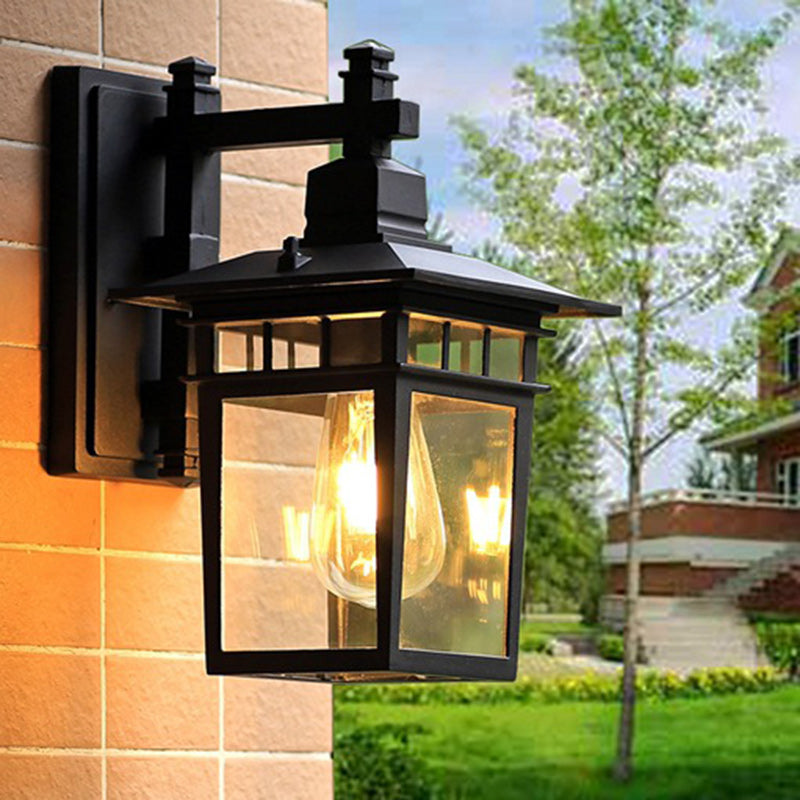 Traditional Rustic Cast Aluminum, Iron & Glass Rectangular 1-Light Wall Sconce Lamp For Outdoor Garden & Patio | Bowlift