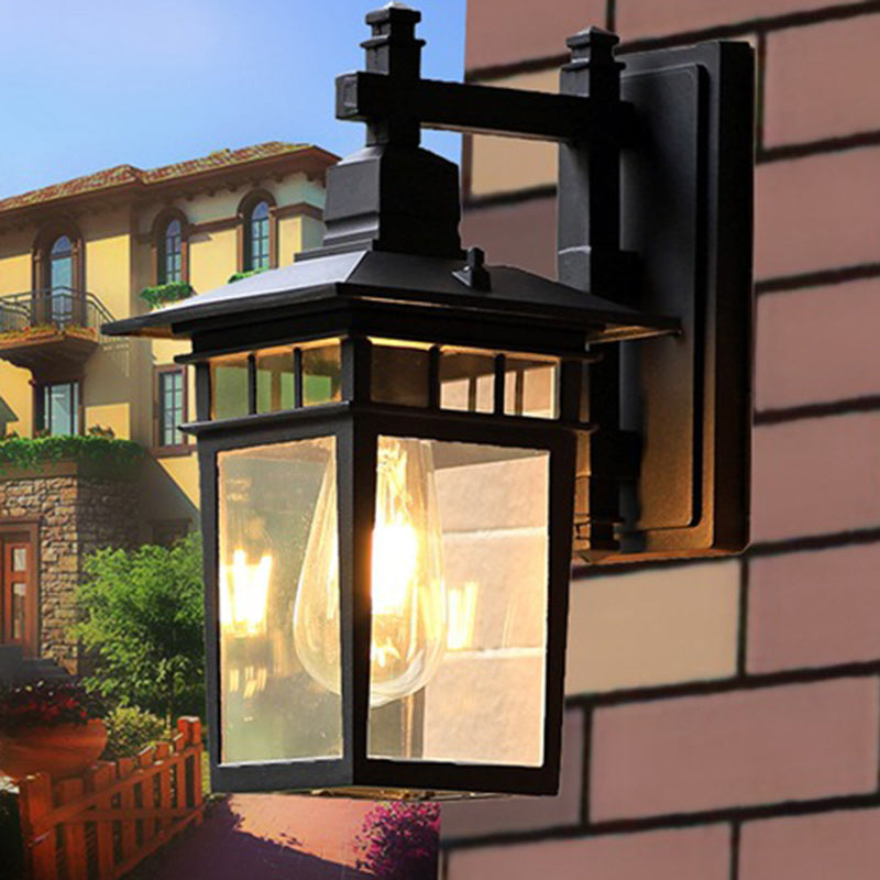 Traditional Rustic Cast Aluminum, Iron & Glass Rectangular 1-Light Wall Sconce Lamp For Outdoor Garden & Patio | Bowlift