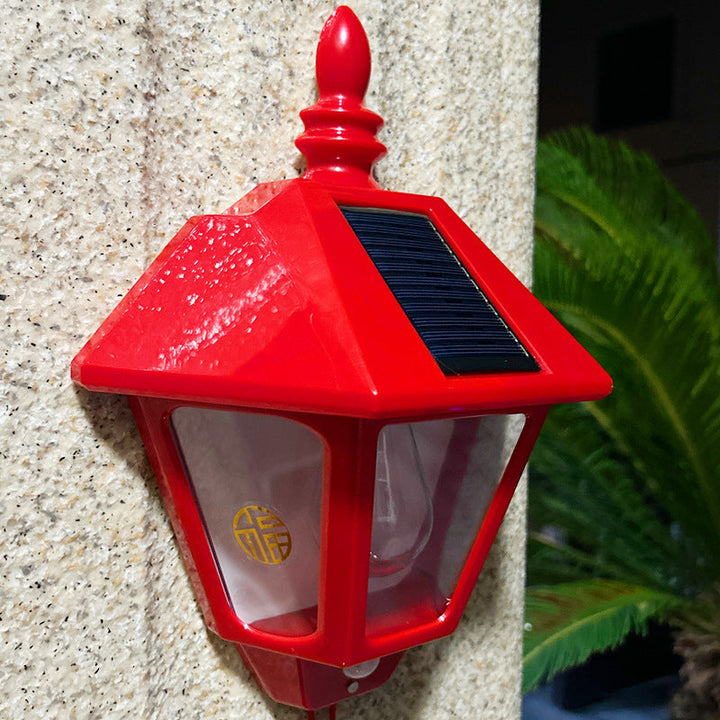 Traditional Chinese ABS Iron Fu Character Cone 1-Light Solar Wall Sconce Lamp For Outdoor | Bowlift