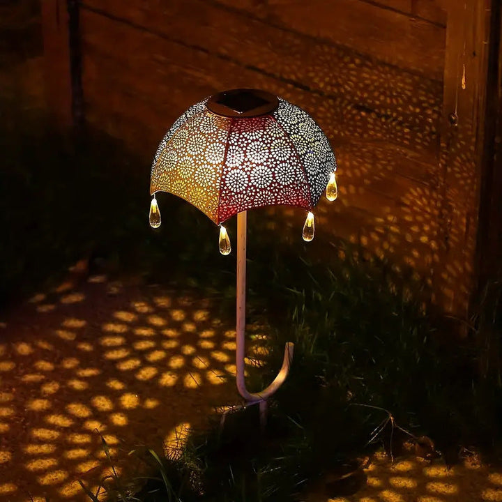 Modern Art Deco Solar Waterproof Umbrella Iron LED Ground Plug Outdoor Light For Garden | Bowlift