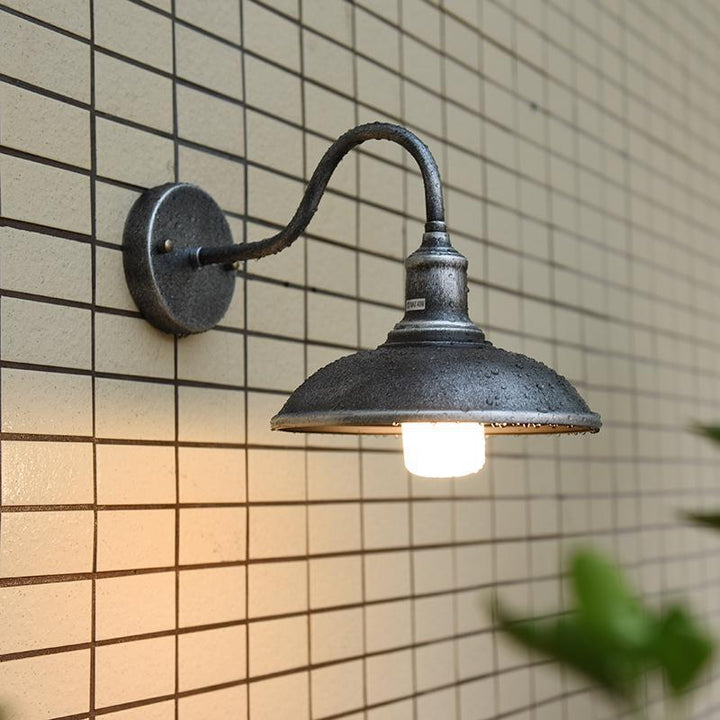 Contemporary Industrial Round Pot Lid Shape Curved Rod Iron Shade 1-Light Wall Sconce Lamp For Outdoor Patio | Bowlift
