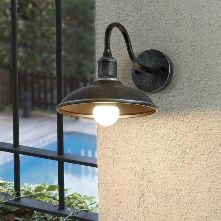 Contemporary Industrial Round Pot Lid Shape Curved Rod Iron Shade 1-Light Wall Sconce Lamp For Outdoor Patio | Bowlift